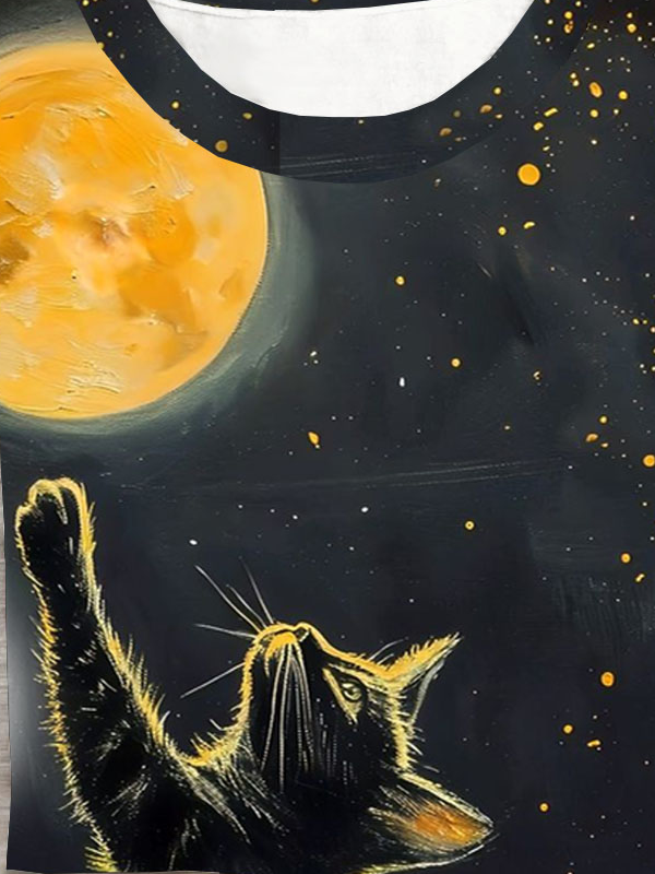Moon and Cat Printed Round Neck Short Sleeve Casual T-shirt