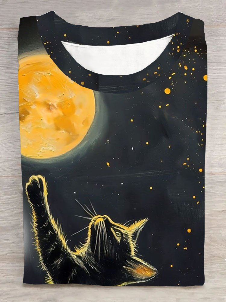 Moon and Cat Printed Round Neck Short Sleeve Casual T-shirt