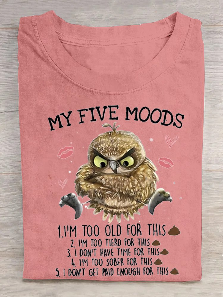 Women's 5 Five Mood Letters Owl  Crew Neck Cotton T-Shirt