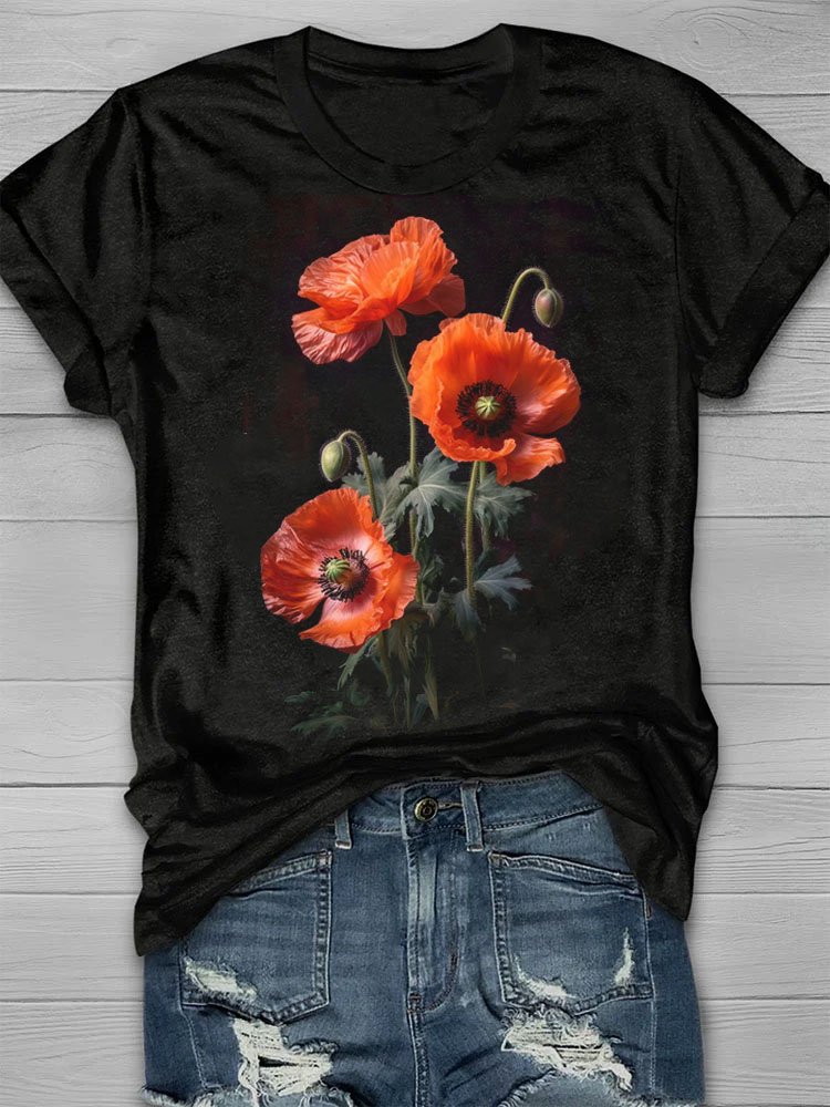Orange floral print round neck short sleeved casual T-shirt