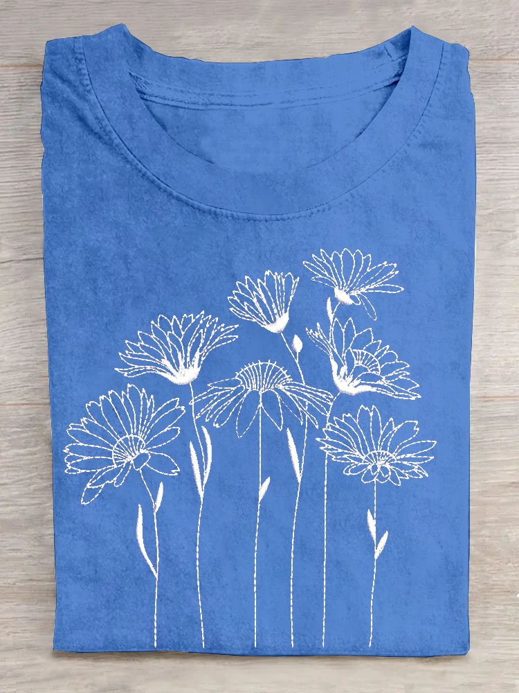 Floral print round neck short sleeved casual T-shirt
