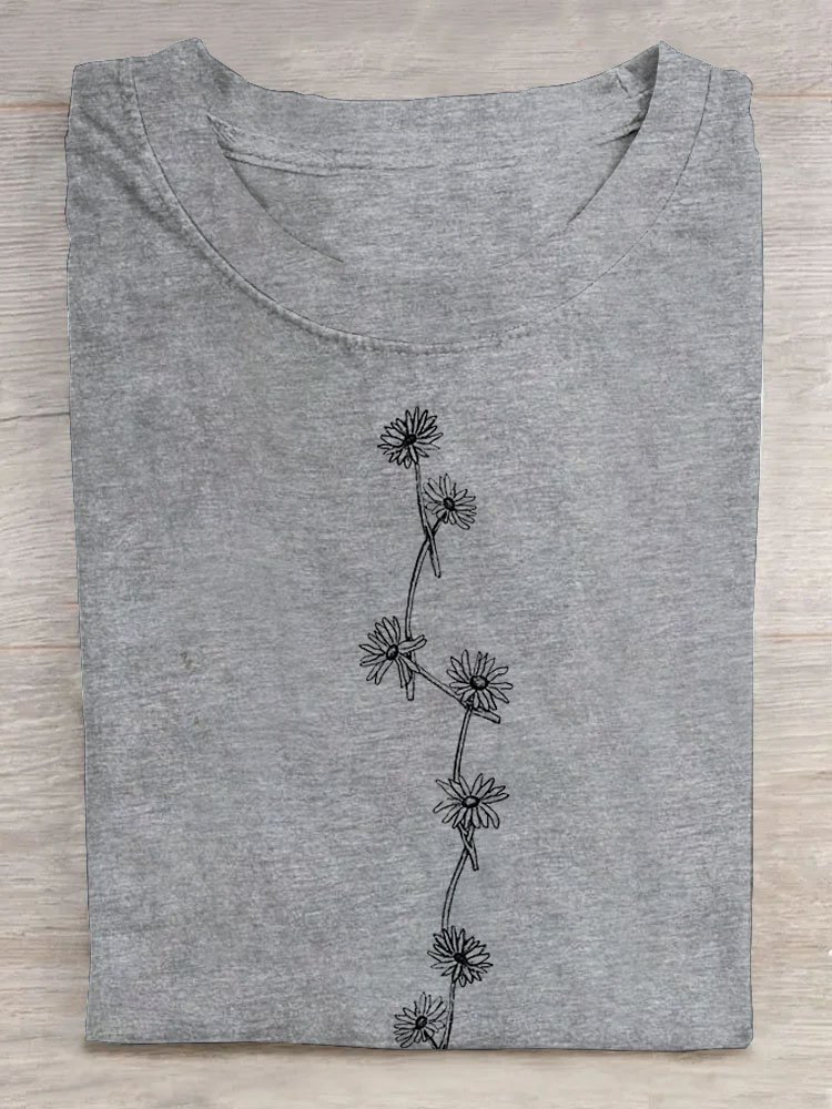 Floral print round neck short sleeved casual T-shirt