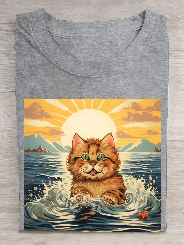 Cat swimming printed round neck casual short sleeved T-shirt