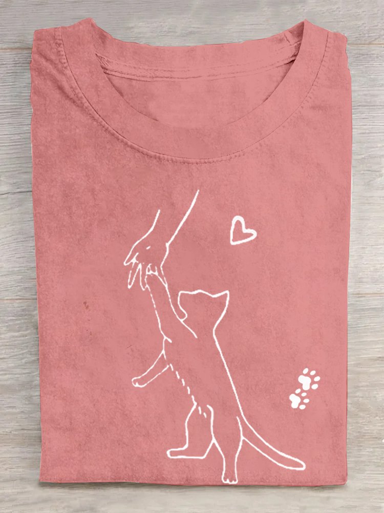 Casual Cotton Crew Neck Cat T-Shirt