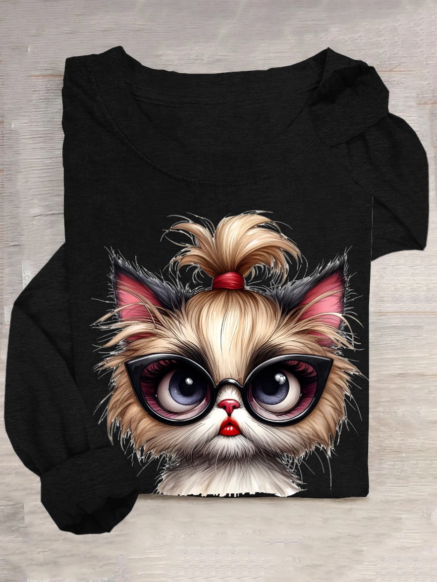 Cotton-Blend Loose Casual Cute Kitten T-Shirt