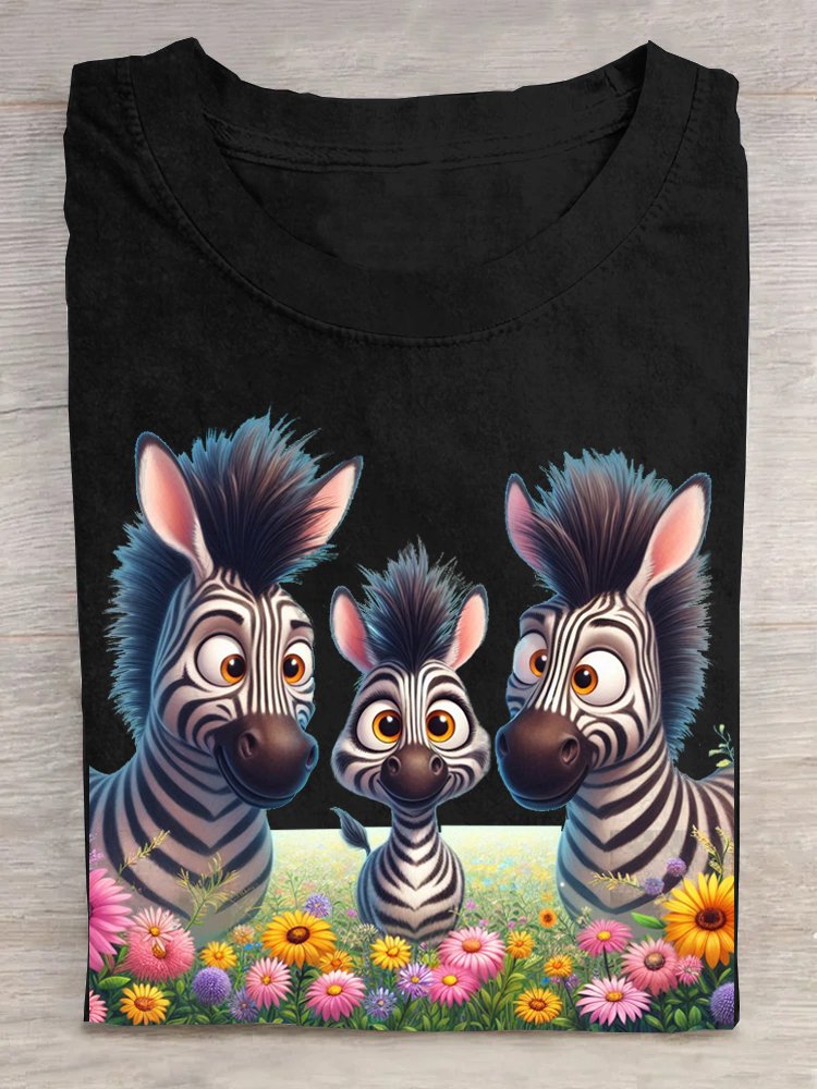 Floral and Donkey Casual Crew Neck T-Shirt