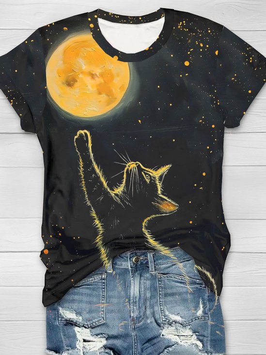Moon and Cat Printed Round Neck Short Sleeve Casual T-shirt