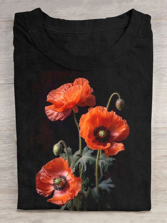 Orange floral print round neck short sleeved casual T-shirt