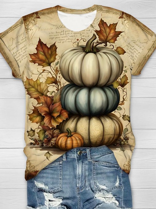 Halloween pumpkin print round neck short sleeved casual T-shirt