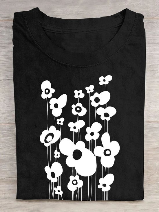 Floral print round neck short sleeved T-shirt