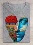 Cotton Casual Face Landscape Print Crew Neck T-Shirt