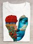 Cotton Casual Face Landscape Print Crew Neck T-Shirt