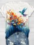 Floral & bird print round neck short sleeved casual T-shirt