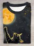 Moon and Cat Printed Round Neck Short Sleeve Casual T-shirt