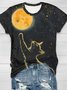 Moon and Cat Printed Round Neck Short Sleeve Casual T-shirt