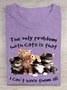 Text letter cat print round neck long sleeved casual T-shirt