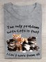 Text letter cat print round neck long sleeved casual T-shirt