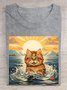 Cat swimming printed round neck casual short sleeved T-shirt
