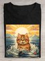 Cat swimming printed round neck casual short sleeved T-shirt
