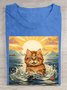 Cat swimming printed round neck casual short sleeved T-shirt