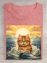 Cat swimming printed round neck casual short sleeved T-shirt
