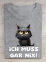 Cat text letter printed round neck casual T-shirt