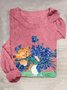 Casual Floral And Cat Crew Neck T-Shirt