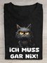 Cat text letter printed round neck casual T-shirt