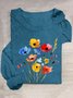 Cotton-Blend Crew Neck Casual Floral T-Shirt