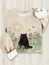 Cotton Crew Neck Cat Casual Sweatshirt