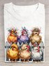 Casual Colorful Chickens Crew Neck Cotton T-Shirt